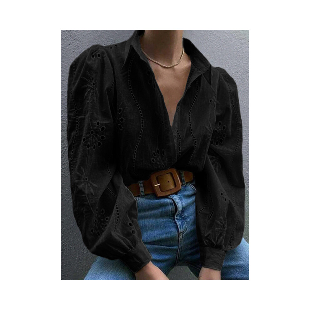 (black, L) Women's Long-sleeved Hollow Out Button Office Wear Shirts,Shirts & Blouses,Women Clothing,Tops For Women,Clothes,White Shirts