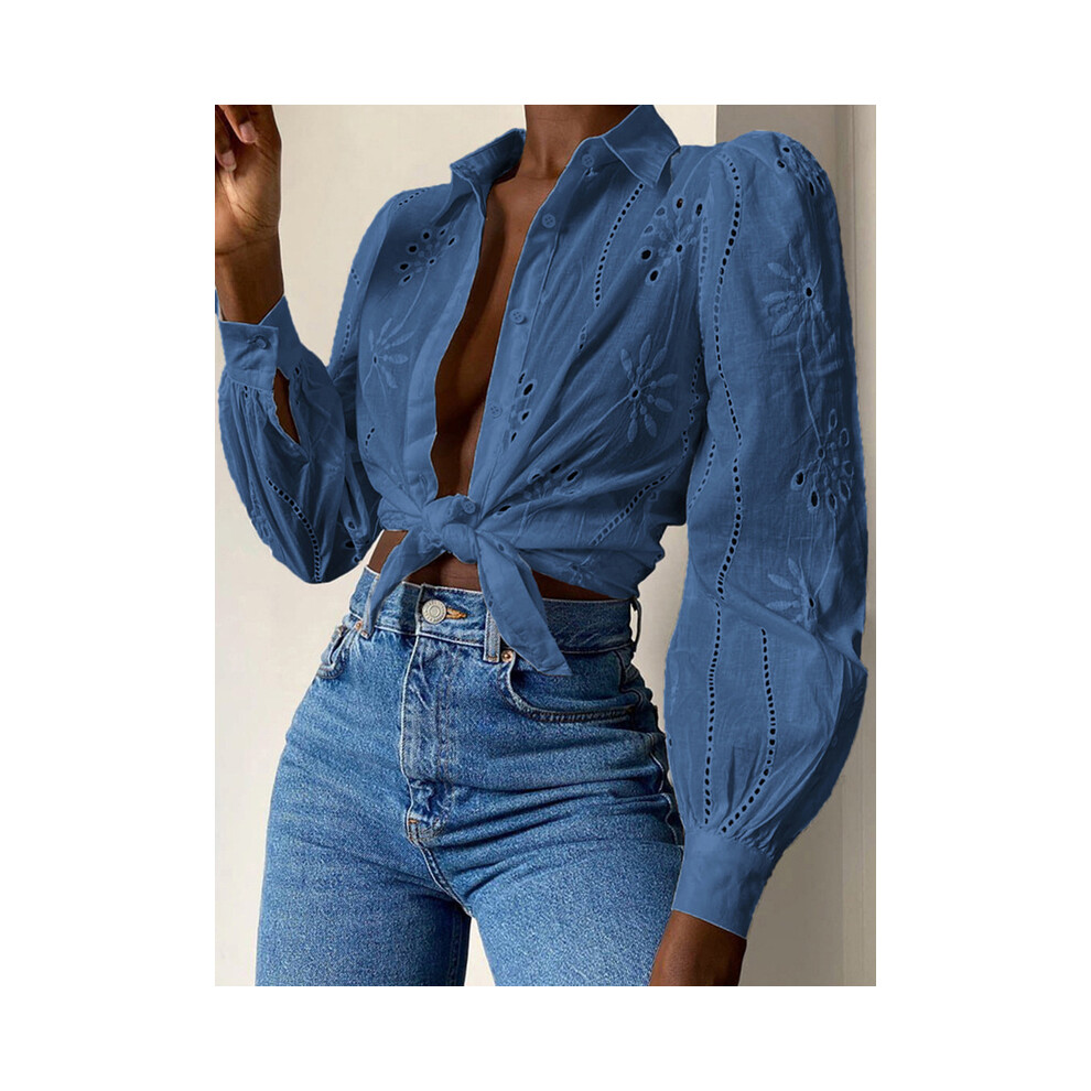 (Blue, S) Women's Long-sleeved Hollow Out Button Office Wear Shirts,Shirts & Blouses,Women Clothing,Tops For Women,Clothes,White Shirts