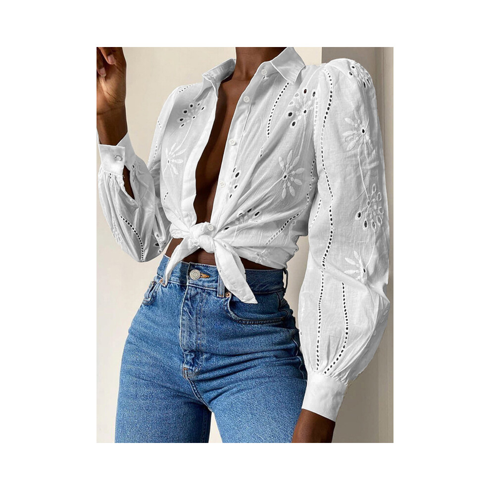 (WHITE, L) Women's Long-sleeved Hollow Out Button Office Wear Shirts,Shirts & Blouses,Women Clothing,Tops For Women,Clothes,White Shirts