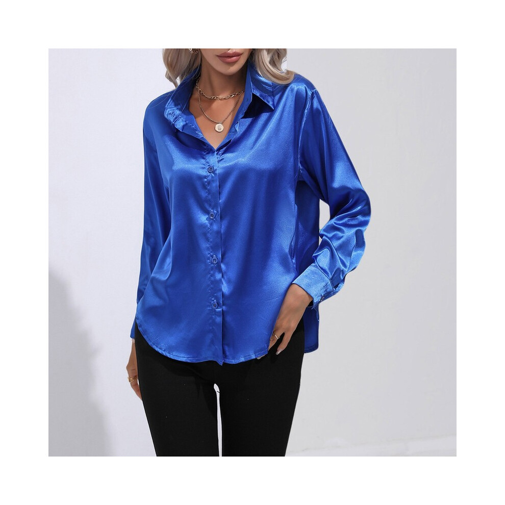 (Blue, XL) Summer Satin Shirt Women Short Sleeve Button Up Shirts Ladies Office Loose Silk Shirt Blouse For Women Xx
