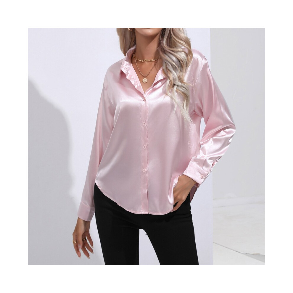 (Pink, XXL) Summer Satin Shirt Women Short Sleeve Button Up Shirts Ladies Office Loose Silk Shirt Blouse For Women Xx