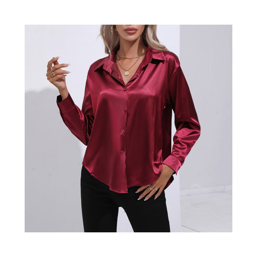 (Wine, S) Summer Satin Shirt Women Short Sleeve Button Up Shirts Ladies Office Loose Silk Shirt Blouse For Women Xx