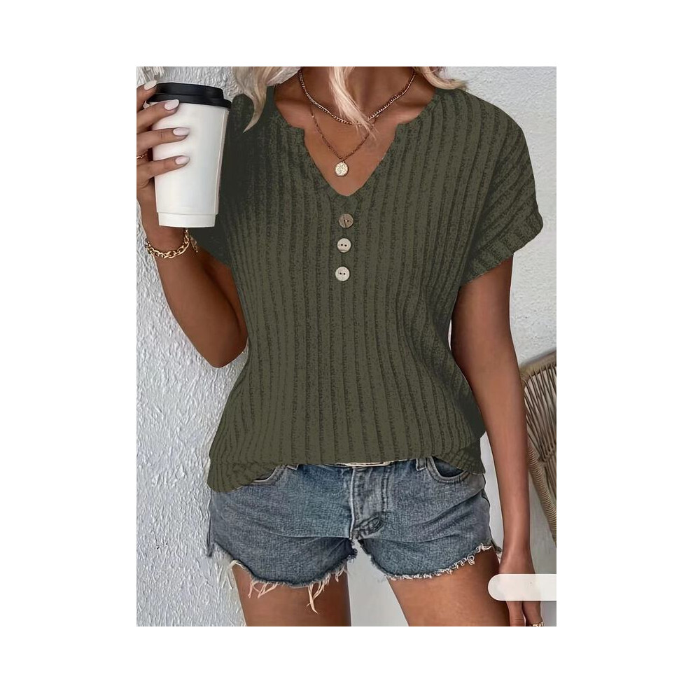 (army green, L) Spring and summer new solid color ribbed tops V-neck button decoration elegant T-shirt for women