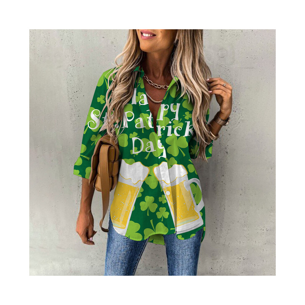 (B25SLCZ22615402, 2XL) Elegant Women Shirts & Blouses Button Lapel Blouses Shirts Vintage Harajuku Green Leaf Printed Long Sleeve Shirt Top Spring-image-OPC-PG8YVKV-NEW