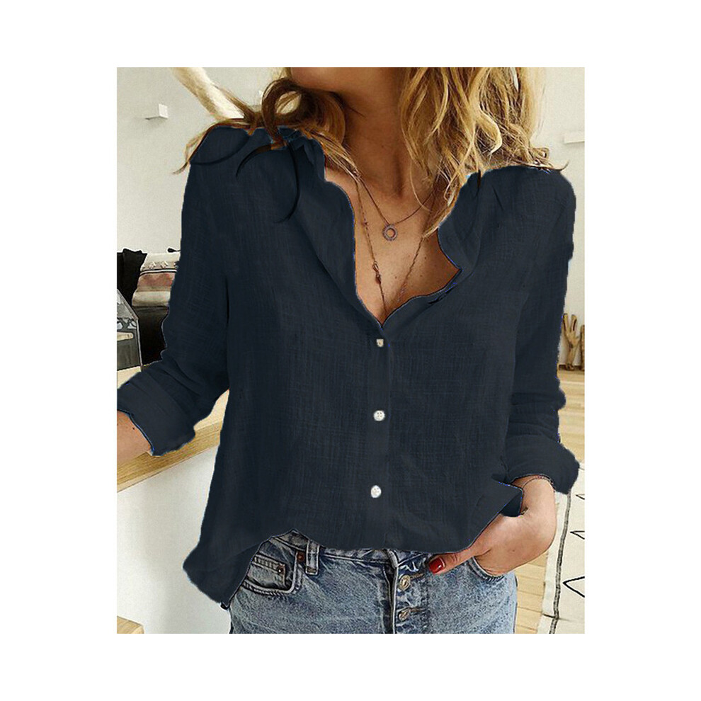 (Black, M) Women Casual Long Sleeve Cotton Linen Shirt Elegant Solid Cardigans Autumn Button Lapel Shirt Loose Oversized Blouse Tunics
