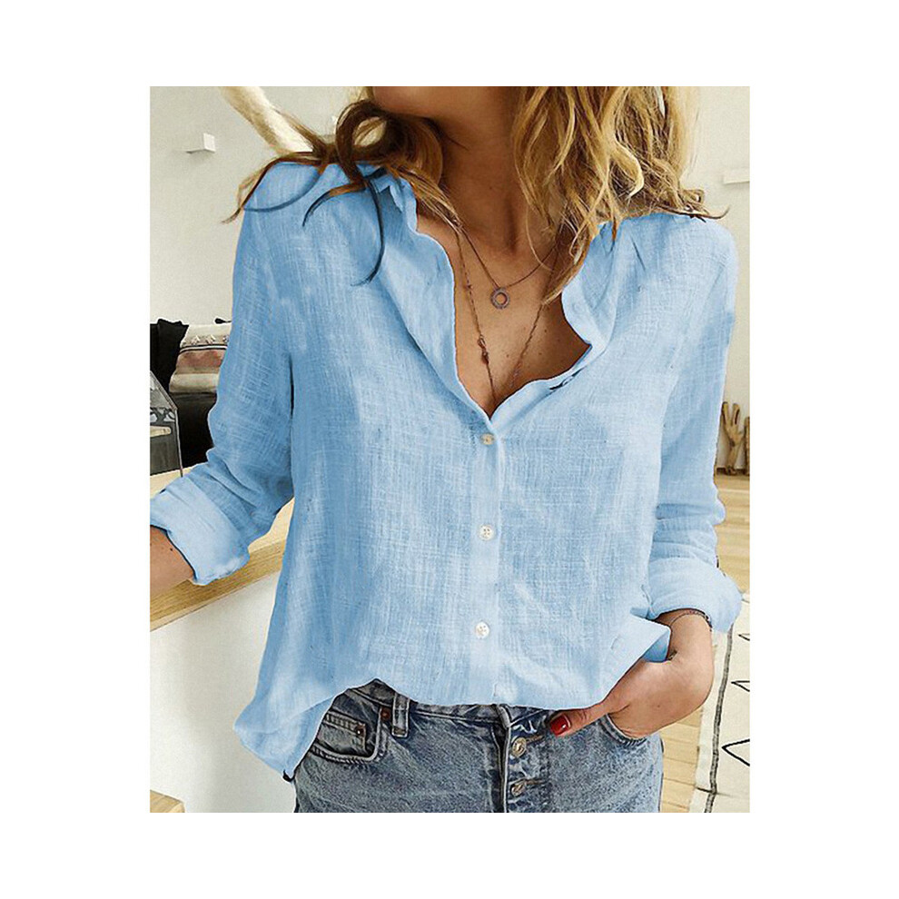 (Blue, M) Women Casual Long Sleeve Cotton Linen Shirt Elegant Solid Cardigans Autumn Button Lapel Shirt Loose Oversized Blouse Tunics