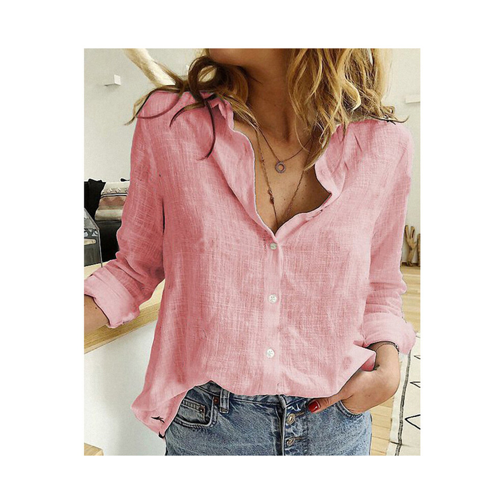 (Pink, XL) Women Casual Long Sleeve Cotton Linen Shirt Elegant Solid Cardigans Autumn Button Lapel Shirt Loose Oversized Blouse Tunics