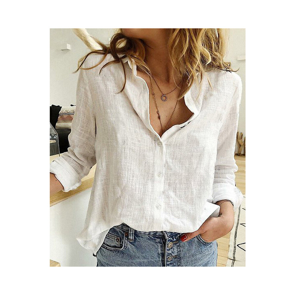 (White, M) Women Casual Long Sleeve Cotton Linen Shirt Elegant Solid Cardigans Autumn Button Lapel Shirt Loose Oversized Blouse Tunics