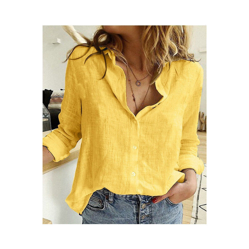 (Yellow, XXL) Women Casual Long Sleeve Cotton Linen Shirt Elegant Solid Cardigans Autumn Button Lapel Shirt Loose Oversized Blouse Tunics