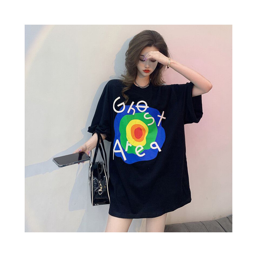 (black, L) Summer Black Printing T-Shirts Women Clothes Oversized Loose Letter O-neck Short Sleeve Top Tee Female Casual Mid Length Top