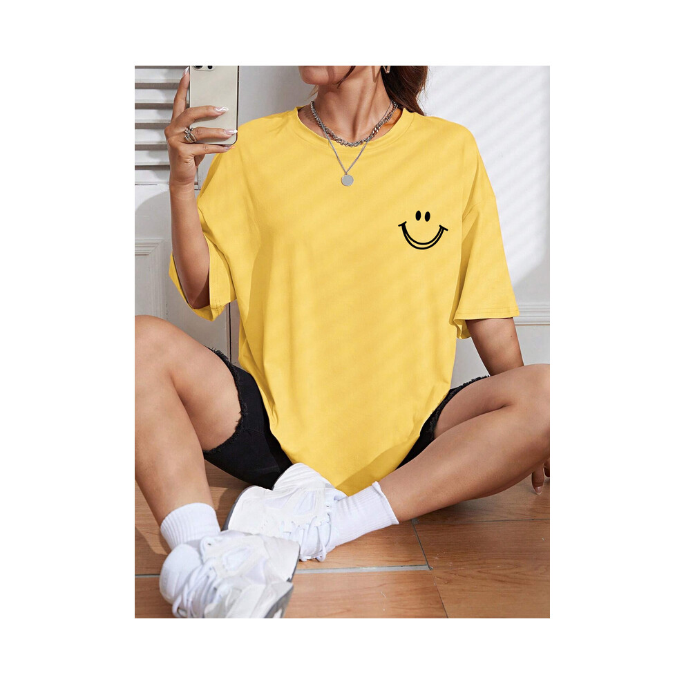 (Yellow, XXXL) Happy Expression Printed Womens Cotton Short Sleeve Street Hip Hop Tee Clothing All-math Breathable Tops Crewneck Woman T-Shirts
