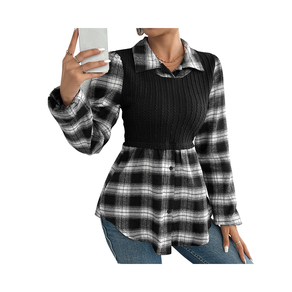 (black, XL) Women New Arrivals Autumn Shirts Shirt Neck Plaid And Knit Patchwork Long Sleeves Tops Women Casual Commuting Shirt On Sale