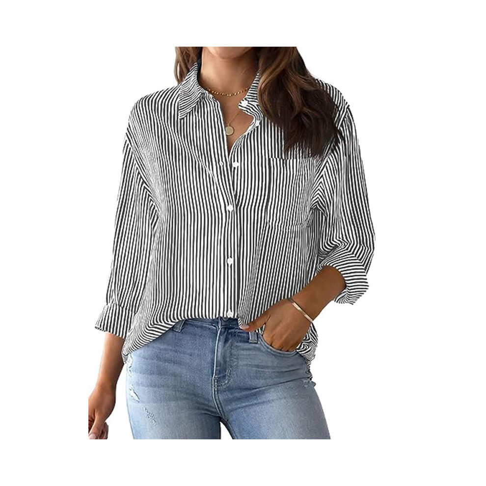 Maxpower (Black, S) Women's Blouse Stripe Shirt Patch Pocket Top Autumn Loose Relaxed Office Lady Long Sleeve Shirt Shirts & Blouses Camisas