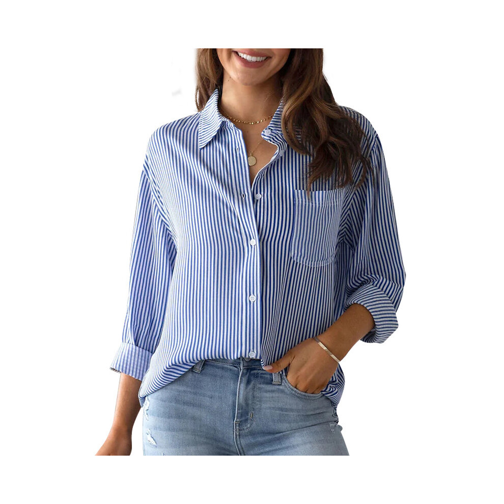 Maxpower (Blue, M) Women's Blouse Stripe Shirt Patch Pocket Top Autumn Loose Relaxed Office Lady Long Sleeve Shirt Shirts & Blouses Camisas