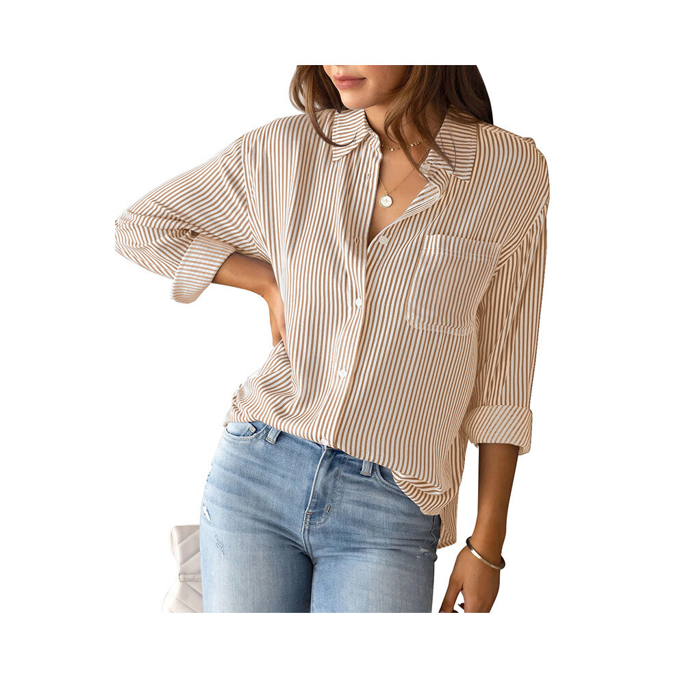 Maxpower (Khaki, Xl) Women's Blouse Stripe Shirt Patch Pocket Top Autumn Loose Relaxed Office Lady Long Sleeve Shirt Shirts & Blouses Camisas