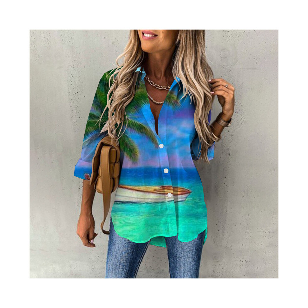 (B25SLCZ3413141, 2XL) Summer Women's Hawaiian Shirts Flamingo Print Beach Party Shirts Button Down Fashion Long Sleeve Shirts Oversized Streetwear
