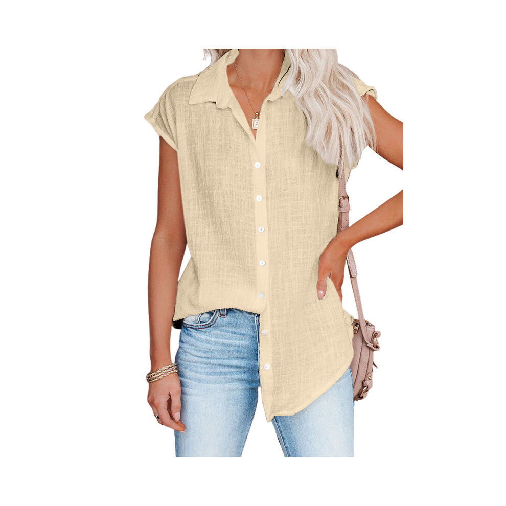 Maxpower (Apricot, 4XL) Summer New Solid Color Single Breasted Lapel Shirt Sleeveless Loose Top Women Casual White Cardigan Blouse Femme Blusas