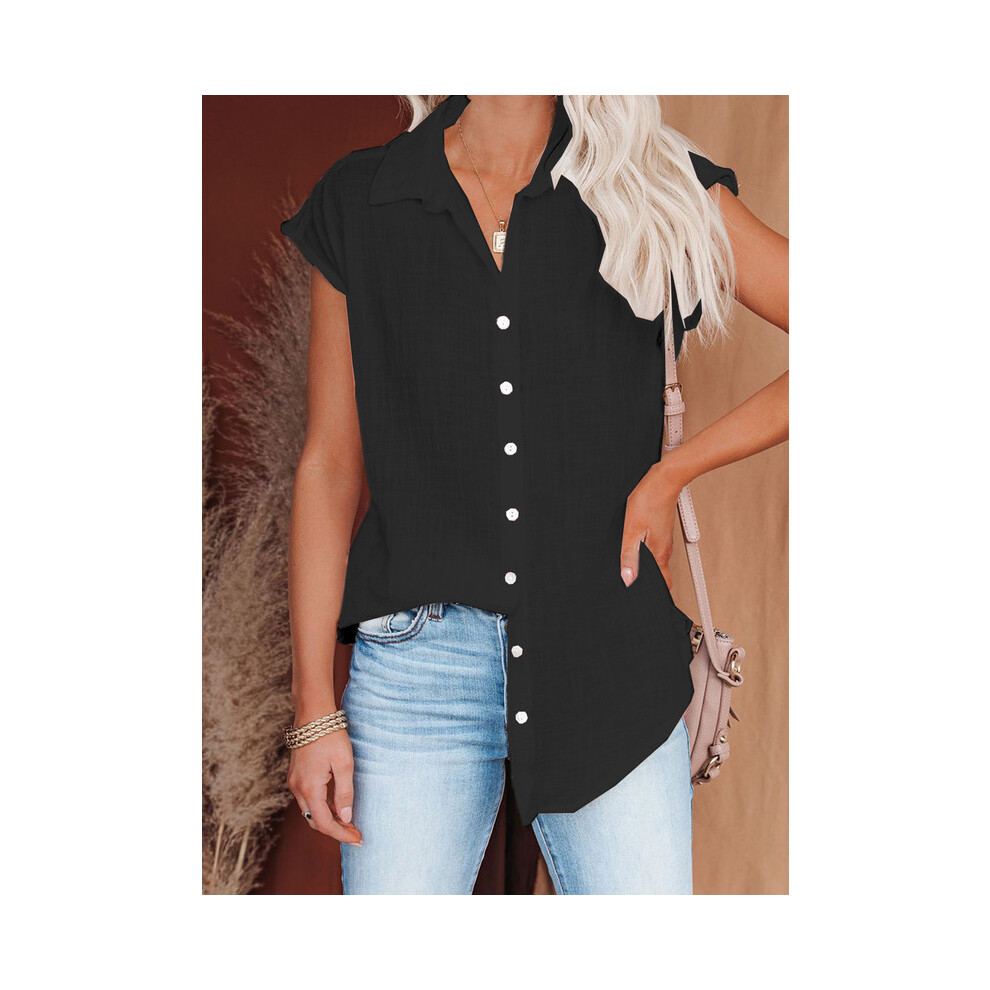 Maxpower (Black., Xxxl) Summer New Solid Color Single Breasted Lapel Shirt Sleeveless Loose Top Women Casual White Cardigan Blouse Femme Blusas