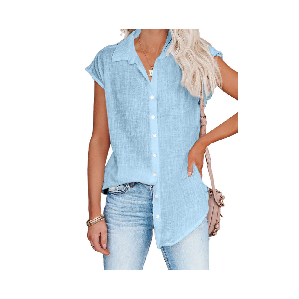 Maxpower (Blue., Xxxl) Summer New Solid Color Single Breasted Lapel Shirt Sleeveless Loose Top Women Casual White Cardigan Blouse Femme Blusas