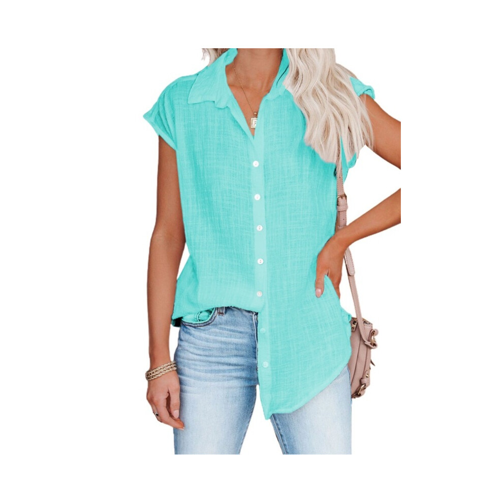 Maxpower (Cyan, L) Summer New Solid Color Single Breasted Lapel Shirt Sleeveless Loose Top Women Casual White Cardigan Blouse Femme Blusas