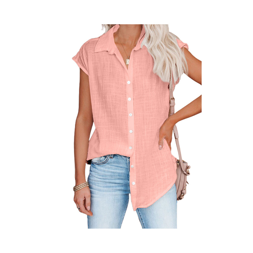Maxpower (Pink., Xxxl) Summer New Solid Color Single Breasted Lapel Shirt Sleeveless Loose Top Women Casual White Cardigan Blouse Femme Blusas
