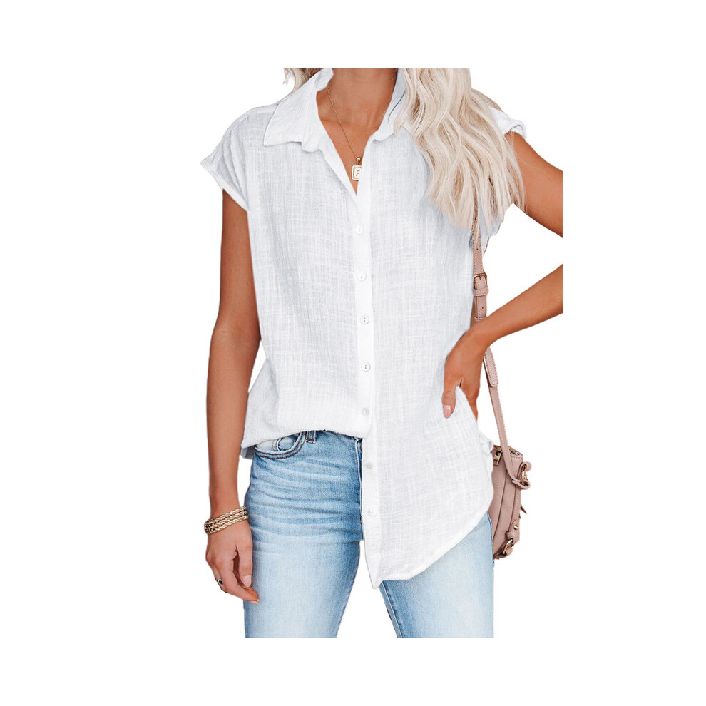 Maxpower (White., Xxxl) Summer New Solid Color Single Breasted Lapel Shirt Sleeveless Loose Top Women Casual White Cardigan Blouse Femme Blusas