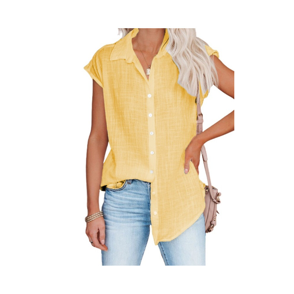 Maxpower (Yellow., 4XL) Summer New Solid Color Single Breasted Lapel Shirt Sleeveless Loose Top Women Casual White Cardigan Blouse Femme Blusas
