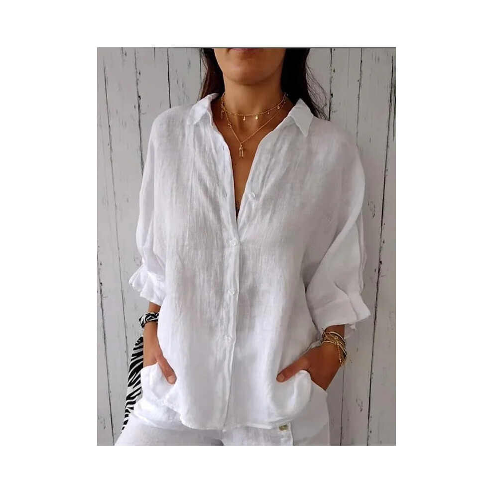 (1, L) Blusas Para Mujer Cotton Linen Women Shirt Black Turn-Down Collar Lace Up Loose Blouses Female Casual Trendy Ladies Clothes