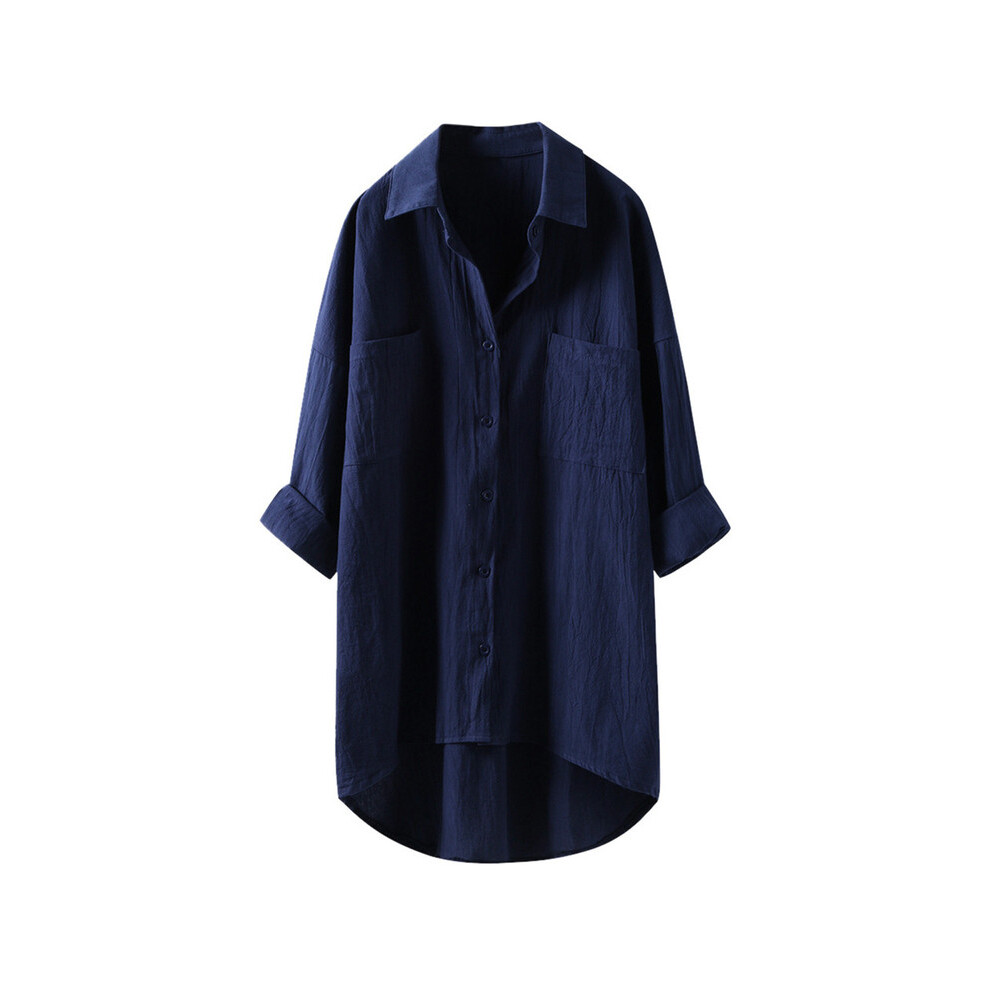 (Blue, S) New Oversized Fashion Women Shirts Ladies Tops Summer Button Up Shirt Casual Cotton Linen Long Sleeve White Top Blusas Mujer