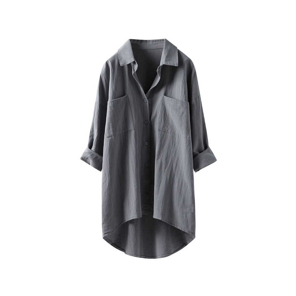 (GRAY, XXXL) New Oversized Fashion Women Shirts Ladies Tops Summer Button Up Shirt Casual Cotton Linen Long Sleeve White Top Blusas Mujer