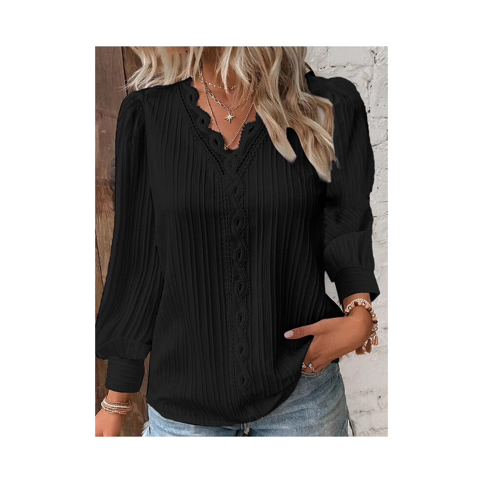 Maxpower (Long- Black, M) Fashion V-Neck Patchwork Tops Women Clothing Harajuku T-Shirts Blusas Elegant Tshirt Ropa Mujer Casual Y2k Top Tee Streetwear