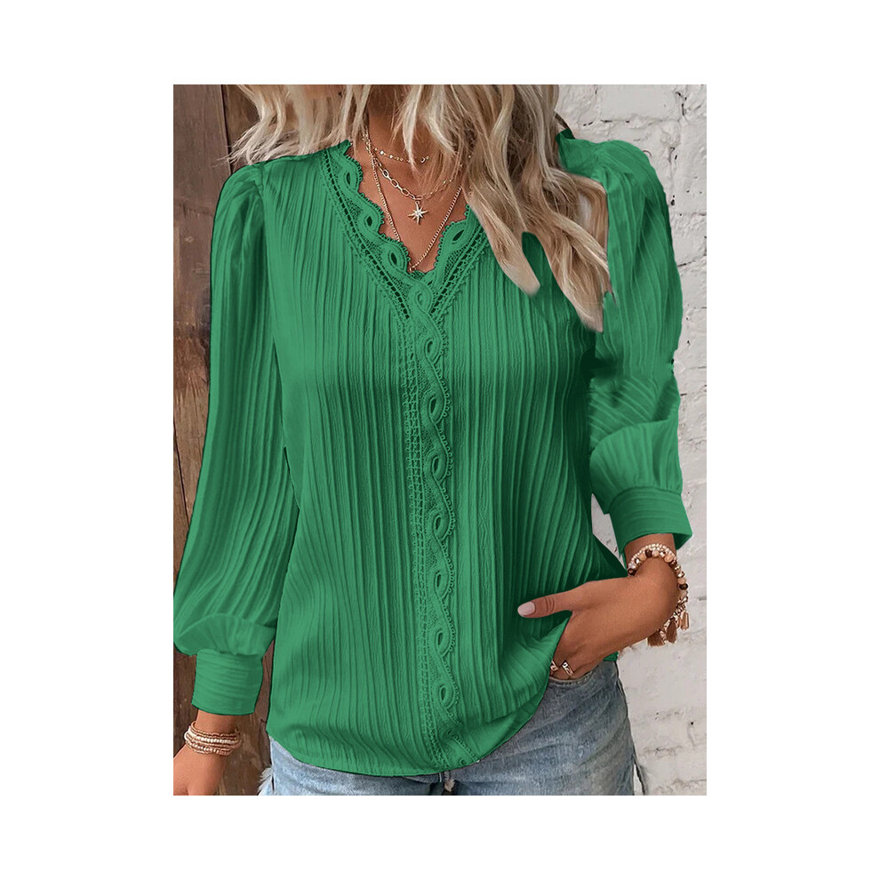 Maxpower (Long- Green, S) Fashion V-Neck Patchwork Tops Women Clothing Harajuku T-Shirts Blusas Elegant Tshirt Ropa Mujer Casual Y2k Top Tee Streetwear