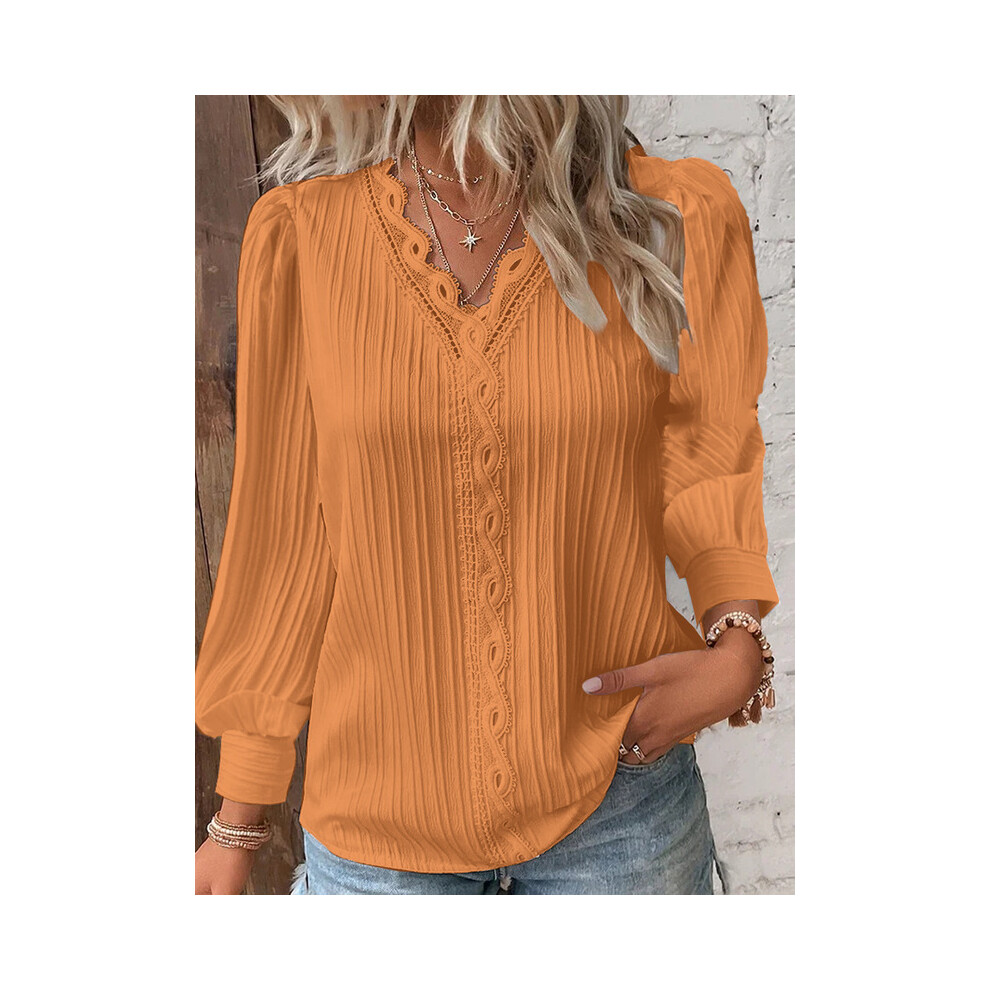 Maxpower (Long- Orange, Xxl) Fashion V-Neck Patchwork Tops Women Clothing Harajuku T-Shirts Blusas Elegant Tshirt Ropa Mujer Casual Y2k Top Tee Streetwear