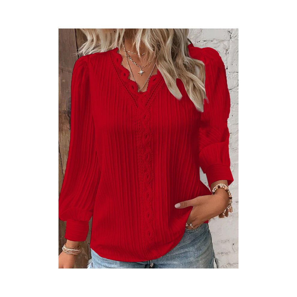 Maxpower (Long- Red, Xl) Fashion V-Neck Patchwork Tops Women Clothing Harajuku T-Shirts Blusas Elegant Tshirt Ropa Mujer Casual Y2k Top Tee Streetwear