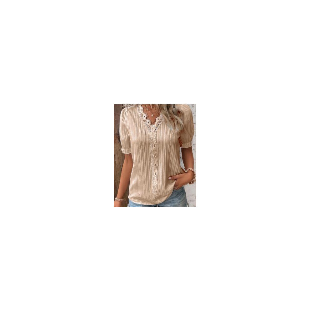 Maxpower (Short- Beige, Xl) Fashion V-Neck Patchwork Tops Women Clothing Harajuku T-Shirts Blusas Elegant Tshirt Ropa Mujer Casual Y2k Top Tee Streetwear