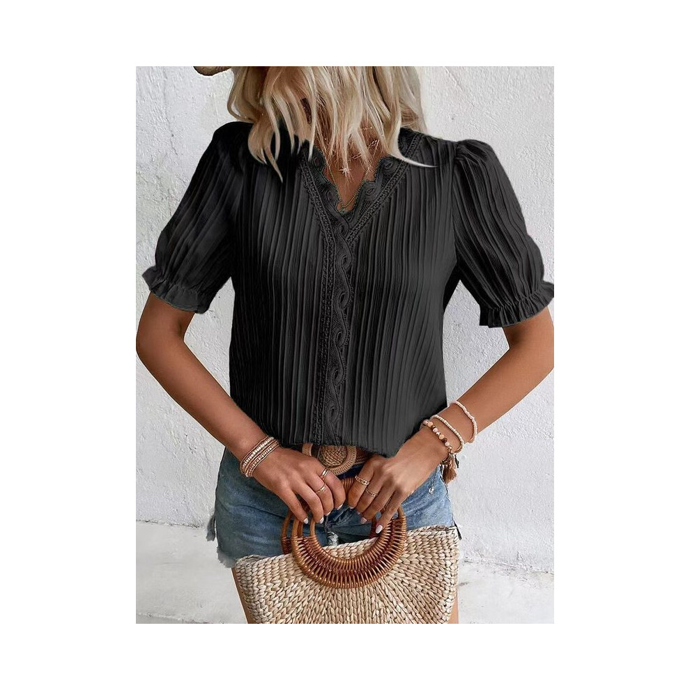 Maxpower (Short- Black, L) Fashion V-Neck Patchwork Tops Women Clothing Harajuku T-Shirts Blusas Elegant Tshirt Ropa Mujer Casual Y2k Top Tee Streetwear
