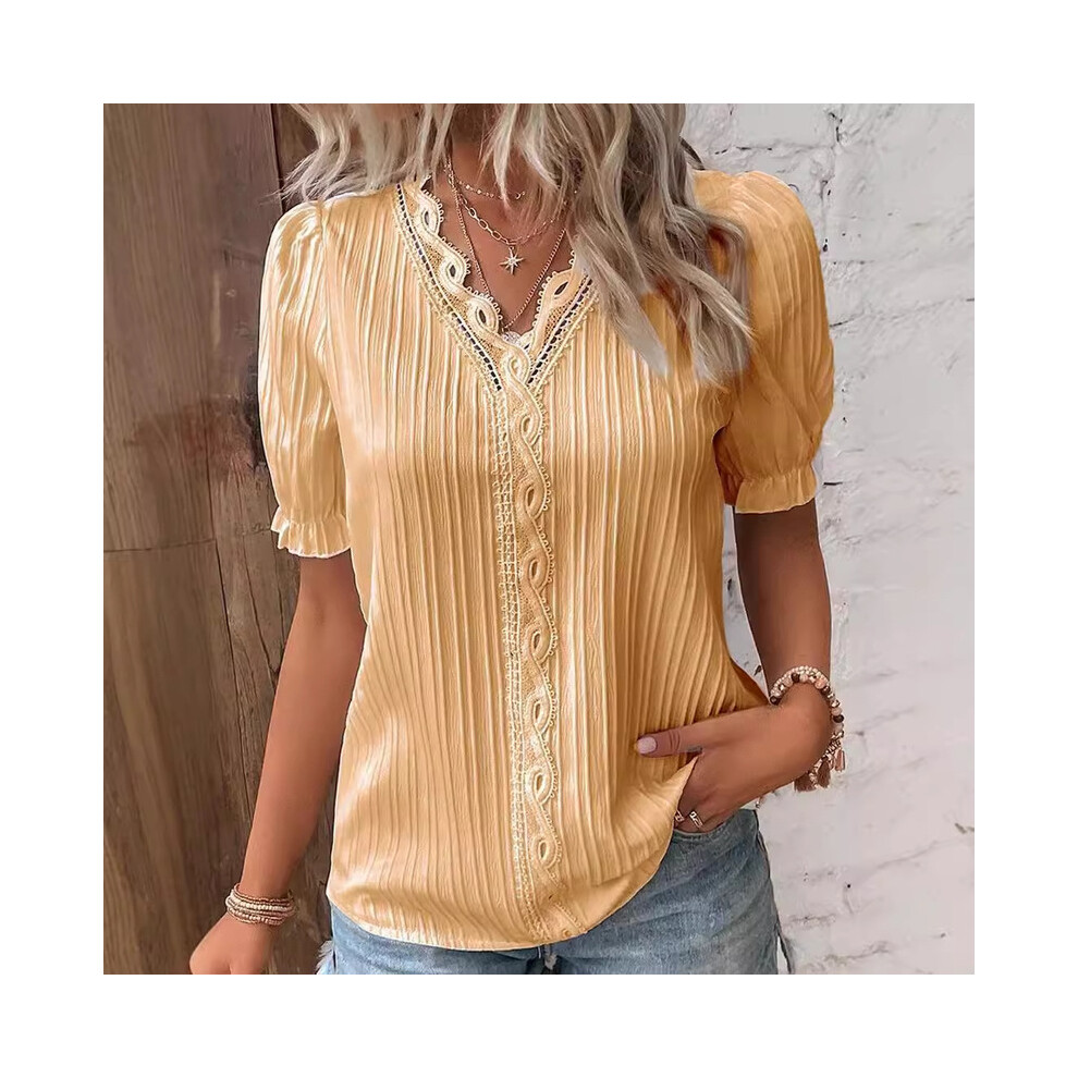 Maxpower (Short- Gold, Xxl) Fashion V-Neck Patchwork Tops Women Clothing Harajuku T-Shirts Blusas Elegant Tshirt Ropa Mujer Casual Y2k Top Tee Streetwear
