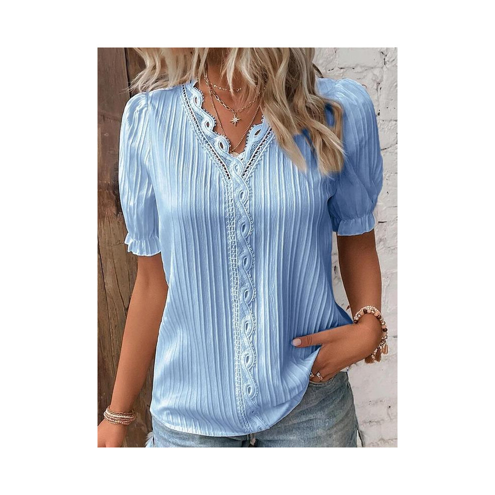 Maxpower (Short- Skyblue, Xl) Fashion V-Neck Patchwork Tops Women Clothing Harajuku T-Shirts Blusas Elegant Tshirt Ropa Mujer Casual Y2k Top Tee Streetwear
