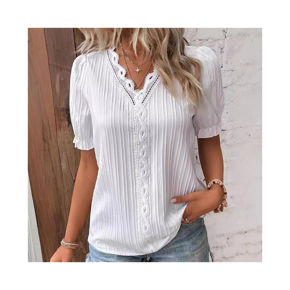Maxpower (Short- White, S) Fashion V-Neck Patchwork Tops Women Clothing Harajuku T-Shirts Blusas Elegant Tshirt Ropa Mujer Casual Y2k Top Tee Streetwear