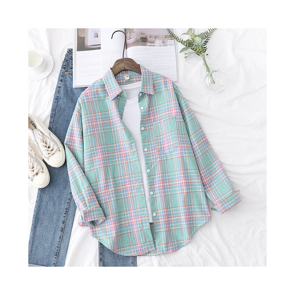 (21801, L) New Fashion Loose Womens Plaid Shirt Fresh College Style Design Blouses And Tops Long Sleeve Casual Female Checked Clothes
