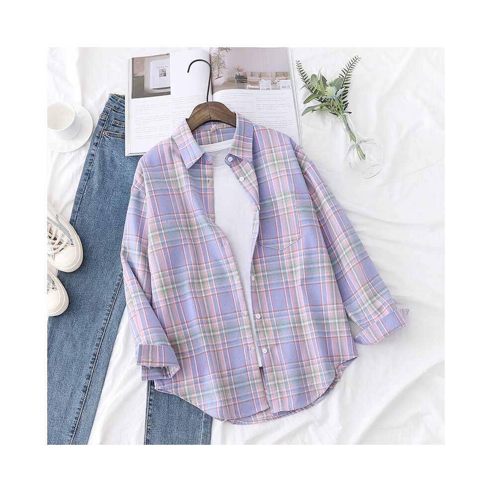 (21802, L) New Fashion Loose Womens Plaid Shirt Fresh College Style Design Blouses And Tops Long Sleeve Casual Female Checked Clothes