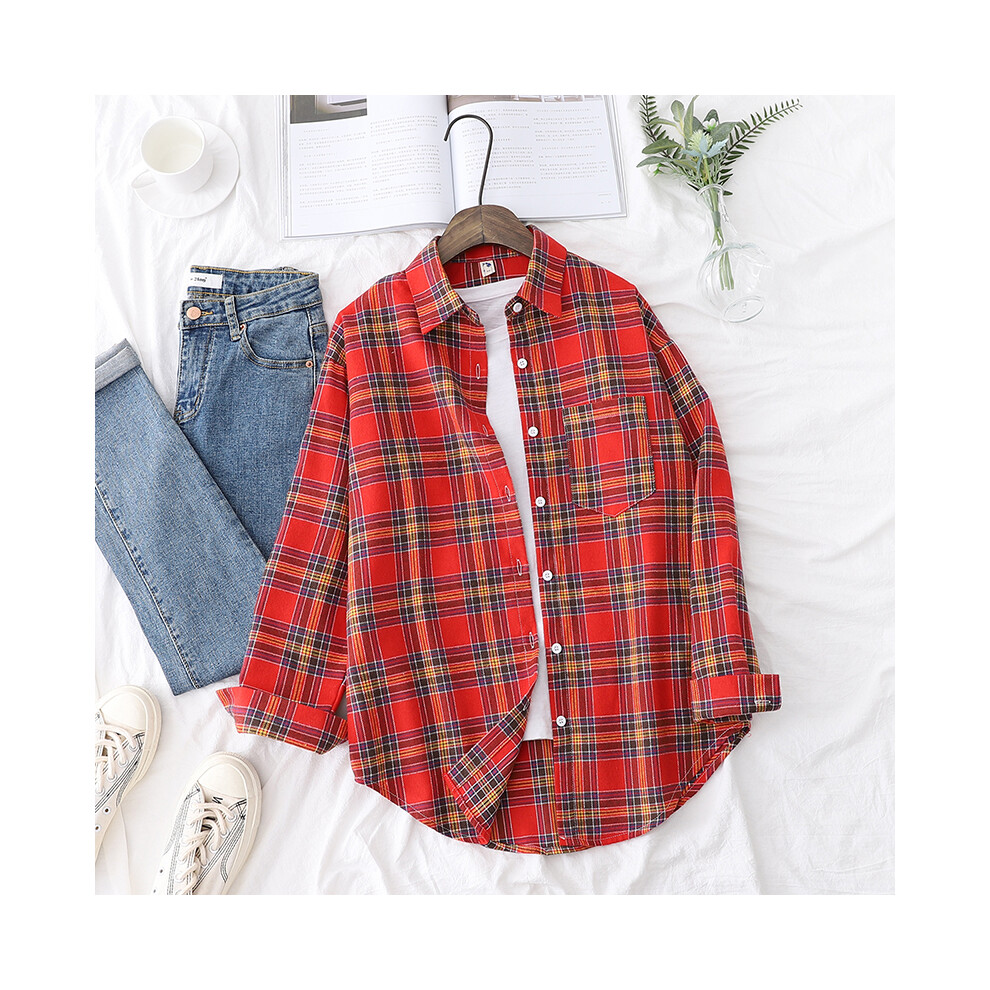(21807, L) New Fashion Loose Womens Plaid Shirt Fresh College Style Design Blouses And Tops Long Sleeve Casual Female Checked Clothes
