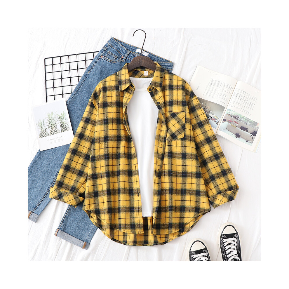 (21821, S) New Fashion Loose Womens Plaid Shirt Fresh College Style Design Blouses And Tops Long Sleeve Casual Female Checked Clothes