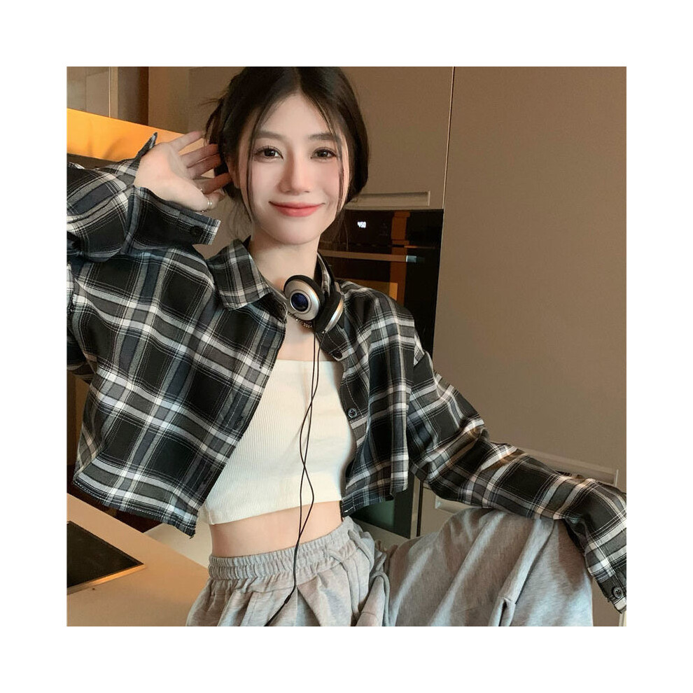 (black, L) Vintage Plaid Shirts for Women Korean High Waist Loose Cropped Blouse Ladies Fashion Streetwear Sun Protection Crop Tops