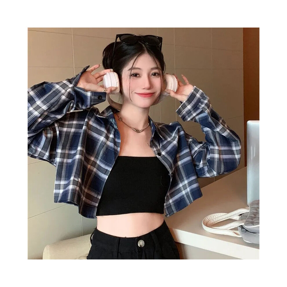 (Blue, S) Vintage Plaid Shirts for Women Korean High Waist Loose Cropped Blouse Ladies Fashion Streetwear Sun Protection Crop Tops