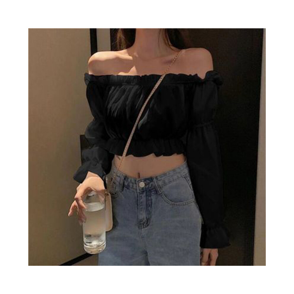 (black, S) Women Top Sexy Blouse Off Shoulder Top Long Sleeve Solid Color White Shirt Puff Sleeve Ruffle Tunic Crop Top Summer Tube Top