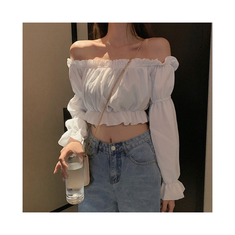 (WHITE, XXL) Women Top Sexy Blouse Off Shoulder Top Long Sleeve Solid Color White Shirt Puff Sleeve Ruffle Tunic Crop Top Summer Tube Top