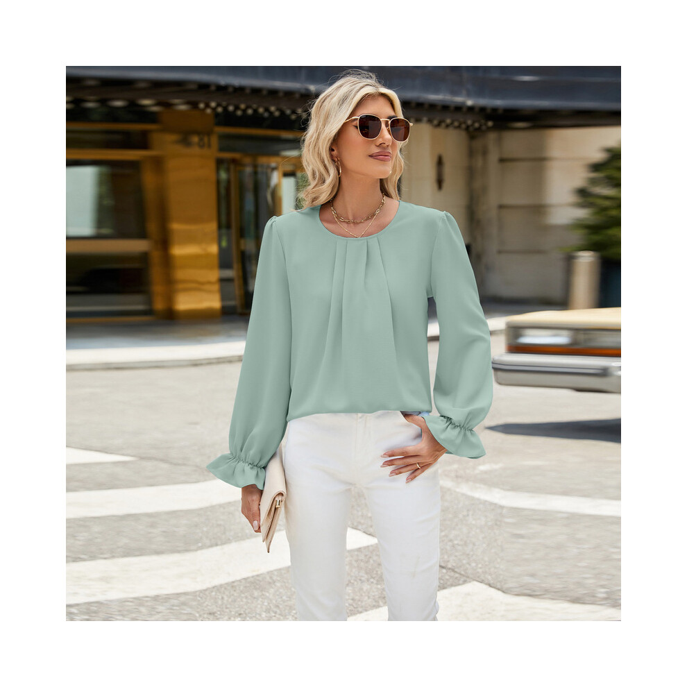 Maxpower (L, Bean Green) New Solid Color Round Neck Long Sleeved Loose Chiffon Top For Women