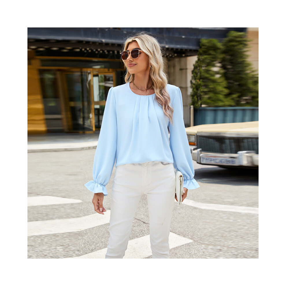 Maxpower (L, Blue) New Solid Color Round Neck Long Sleeved Loose Chiffon Top For Women