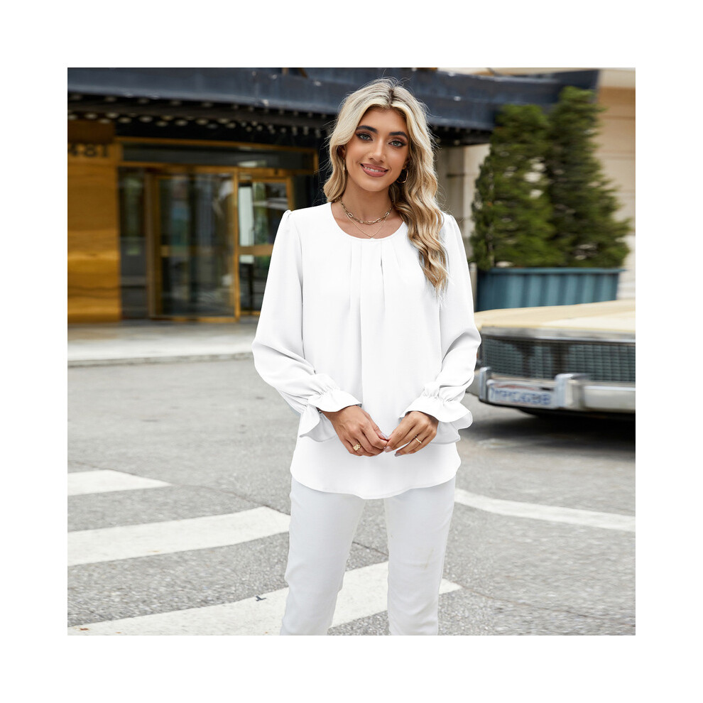 Maxpower (L, White) New Solid Color Round Neck Long Sleeved Loose Chiffon Top For Women